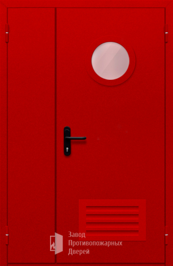 Фото двери «Полуторная с круглым стеклом и решеткой (красная)» в Аперелевке