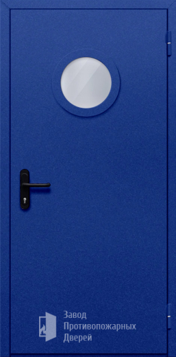 Фото двери «Однопольная с круглым стеклом (синяя)» в Аперелевке