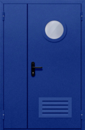 Фото двери «Полуторная с круглым стеклом и решеткой (синяя)» в Аперелевке